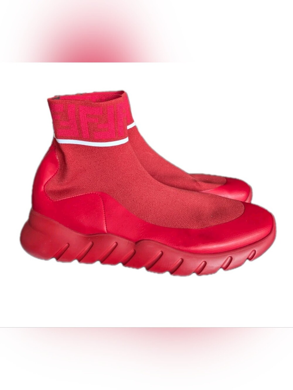 Fendi Sneaker High Top Knit Logo Red Sock Trainer 7E1196 Men US Size 10